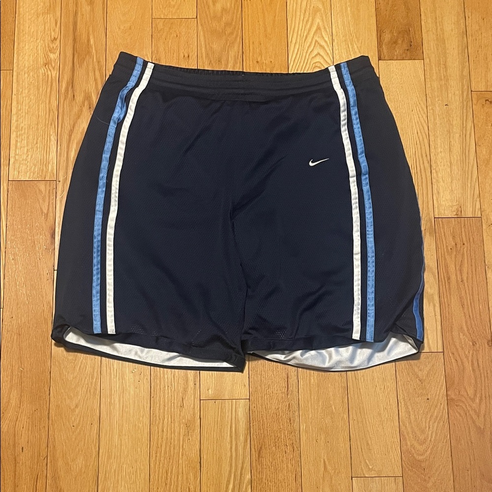 Nike Men's Dark Blue Athletic Shorts with White and Light Blue Stripes